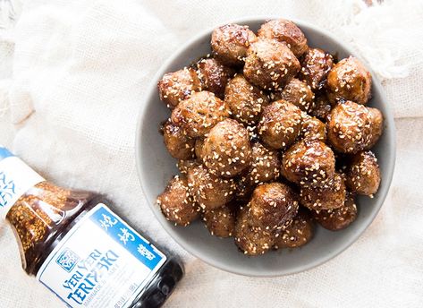 Aimee Berrett\'s Easy Teriyaki Meatballs | Soy Vay® Easy Teriyaki Meatballs, Meatballs And Sauce, Slow Cooker Salmon, Cornstarch And Water, Teriyaki Burgers, Baked Teriyaki Salmon, Teriyaki Pork, Teriyaki Meatballs, Meatloaf Meatballs