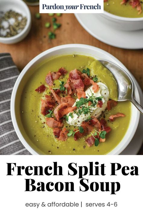 Green Split Pea Soup, Bacon Soup Recipes, Green Pea Soup, Bean And Bacon Soup, Green Split Peas, French Soup, Split Peas, Bacon Soup, Pea Recipes