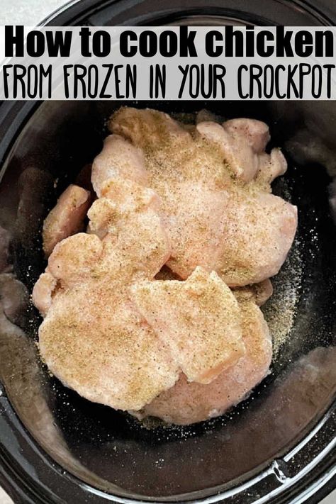 Learn how to make frozen, boneless and skinless chicken breasts in the Crock Pot for using in any recipe calling for cooked chicken. via @foodtasticmom Can You Cook Frozen Chicken In Crockpot, Slow Cooker With Frozen Chicken, Crockpot Shredded Chicken From Frozen, How To Make Chicken In Crock Pot, Instant Pot Frozen Chicken Thigh Recipes, How Long To Cook Frozen Chicken Instapot, Chicken In Crock Pot Recipes Boneless, Frozen Chicken Crockpot Recipes Easy Healthy, Crock Pot Chicken Meals Easy