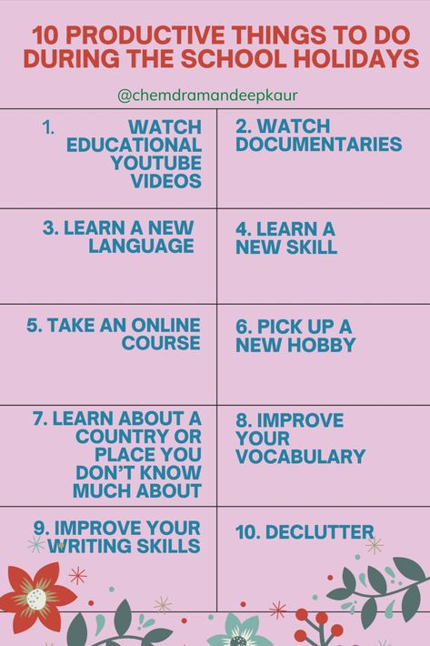 10 Productive Things to Do During the School Holidays Productive Things To Do In Holidays, Things To Do At School, Productive Summer, 7th Grade Tips, Family Fun Pack, Fun List, What To Do When Bored, Make School, Productive Things To Do