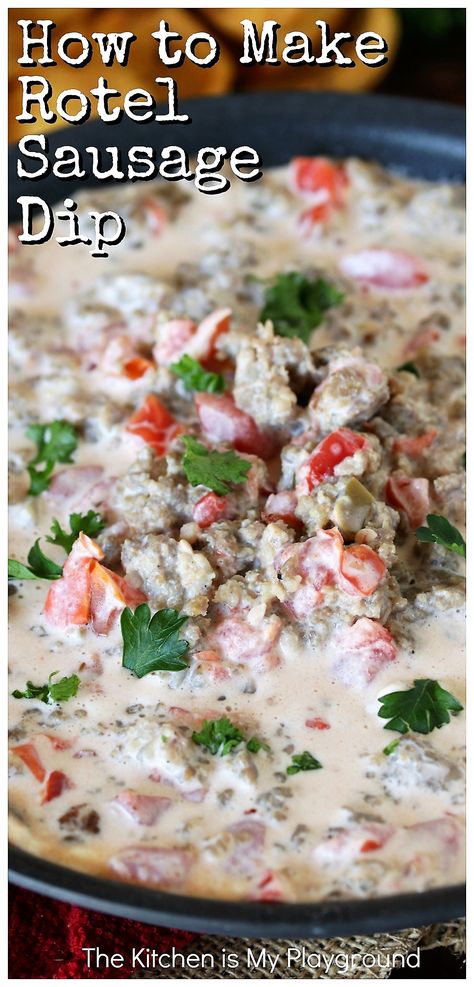 3-Ingredient Sausage Queso Dip (aka: Easy Rotel Sausage Dip) ~ Creamy, delicious, & super simple to make, this dip is a crowd-pleasing favorite. Perfect for just about anytime - from Cinco de Mayo, to game day, to party time fun. Or, easy enough to whip up for a random Tuesday night!  www.thekitchenismyplayground.com Cream Cheese Sausage Dip, Rotel Sausage Dip, Cheese Sausage Dip, Rotel Dip With Sausage, Sausage Queso Dip, Crescent Sausage Bites, Sausage Queso, Sausage Cheese Dip, Cream Cheese Sausage