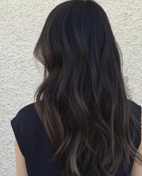 Highlight Black Hair Straight, Soft Black Balayage, Black Hair With Subtle Highlights Straight, Long Brunette Hair Balayage Straight, Trendy Dark Brown Hair, Dark Hair Teasy Lights, Dark Long Straight Hair, Dimension Black Hair, Jet Black Hair With Balayage