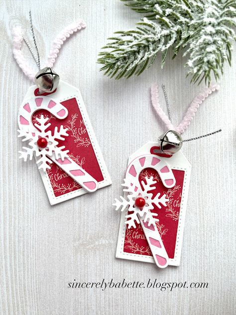 Sincerely, Babette: Snowflake Candy Cane Tags Homemade Christmas Gift Tags Diy Crafts, Christmas Gift Tags Ideas, Handmade Christmas Tags Ideas, Diy Gift Tags Ideas Birthday, Handmade Gift Tags Christmas, Christmas Tags Stampin Up Ideas, Stampin Up Christmas Gift Tags, Christmas Tags Cricut, Christmas Tags Ideas