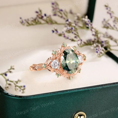 Nature Inspired Green Moissanite Floral Branch Engagement Ring Dainty Three Stone Wedding Ring Unique Green Tsavorite Halo Anniversary Ring - Etsy Unique Earthy Engagement Rings, Gem Stone Engagement Rings, Engagement Rings Green, Nature Inspired Engagement Rings, Wedding Ring Upgrade, Three Stone Wedding Ring, Green Engagement Rings, Jewelry 2024, Ring Upgrade