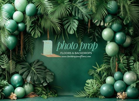 Wild One Jungle Photography Backdrop - Leopard Print, Palm Leaves, Wild Thing, Balloons, Green, Gold, Rainforest Climbing Vines Arch Cheetah by PhotoPropFloorsDrops on Etsy Jungle Backdrop, Jungle Photography, Cake Smash Backdrop, Climbing Vines, Big Photo, Diy Backdrop, Backdrop Design, Wild One, Wild Ones