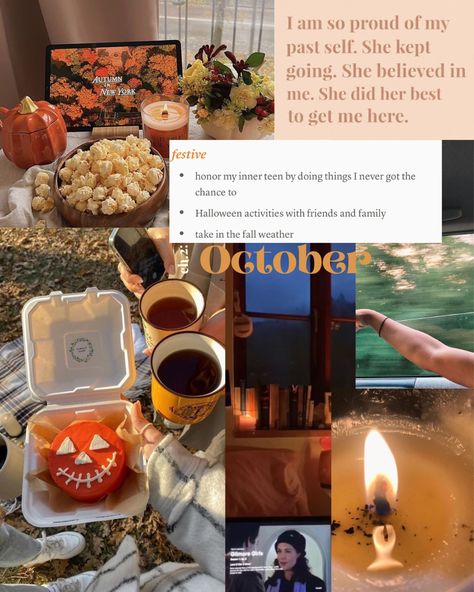 Moodboard for October, Halloween, and fall with monthly intentions October Intentions, Monthly Intentions, November Moodboard, October Moodboard, Halloween And Fall, October Halloween, Fall Weather, Halloween Activities, Proud Of Me