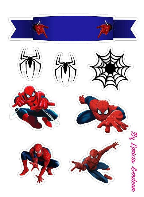 Spiderman with Spiders Free Printable Cake Toppers. Spider Man Cake Topper Printable Free, Spider Man Stickers Printable, Topper Spiderman, Bakery Quotes, Printable Cake Toppers, Spiderman Topper, Printable Coloring Masks, Spiderman Stickers, Spiderman Cupcakes