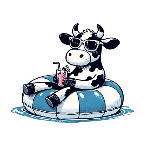 Summer Images Clipart, Cow Illustration Cute, Cow Drinking Coffee, Cows Cartoon, Chill Cartoon, Cute Cow Illustration, Cow With Sunglasses, Drink Cartoon, Cow Cartoon Images