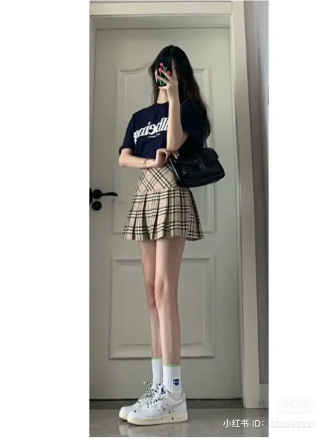 #fashion #ootd #korean #chinese #japanese #asian #tshirt #navyblue #blueshirt #skirt #plaidskirt #brown T Shirt And Skirt Outfit Korean, Asian Skirt Outfits, Plade Skirt Outfit, Blue Plaid Skirt Outfit, Brown Plaid Skirt Outfit, Skirt With Tshirt, Outfit Ideas Asian, Brown Skirt Outfit, Skirt Outfits Korean