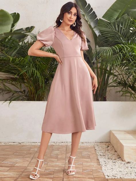 SHEIN Puff Sleeve Solid Satin Dress | SHEIN USA Ditsy Floral Dress, Pink Out, Elegant Color, Color Pastel, Sleeves Dress, Pink Pattern, Ruffle Hem Dress, Puffed Sleeves Dress, Puffed Sleeves