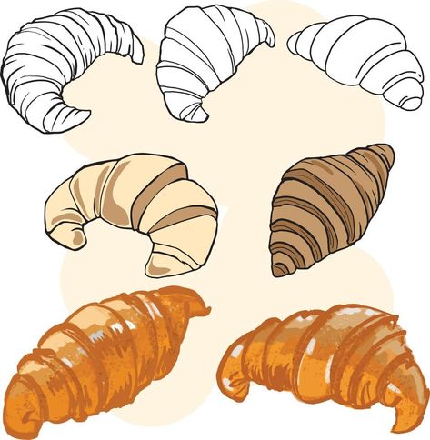 How To Draw A Croissant, Croissant Drawing Simple, Croissant Sketch, Croissant Cartoon, Croissant Drawing, Croissant Illustration, Kitchen Painting Art, Croissant Art, Bakery Croissant