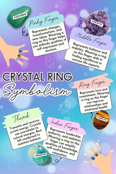 Discover the powerful symbolism behind wearing crystal rings with this detailed infographic from Rocks with Sass. Learn how different crystals can enhance your personal energy and intentions depending on their placement. Whether it's a Quartz ring for clarity on your index finger or a Lapis Lazuli for wisdom on your thumb, find out how to optimize your crystal energy. Pin this guide for reference and explore our collection for the perfect ring. #CrystalRings #JewelrySymbolism #EnergyHealing Crystal Ring Placement, Ring Placement Meaning, Ring Placement, Wearing Crystals, Ring Symbolism, Crystal Witch, Witch Tips, Personal Energy, Crystal Energy