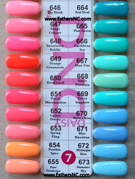 Dnd Shellac Colors Summer, Dnd Gel Color Swatches, Nail Color Ideas Gel, Neon Nail Polish Colors, Summer Colours For Nails, Summer Polish 2024, Dc Nail Polish Colors Summer, Summer Nail Color Ideas Gel, Dnd Tiffany Blue Gel Polish