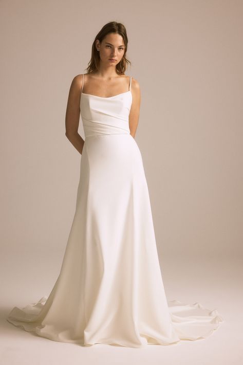 Stretch crepe bias hand draped bodice A-line gown with button detail Two Strap Wedding Dress, Aline Crepe Wedding Dress, Wedding Dresses Petite Bride Simple, Minimal Classic Wedding Dress, All Tulle Wedding Dress, Classy Bridal Gown, Wedding Dress Simple A Line, Classy Modern Wedding Dress, Scoop Neck A Line Wedding Dress