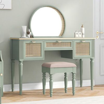 This vintage rattan weave vanity desk set combines Indonesian natural rattan craftsmanship with high-quality rubber wood solid wood frames, bringing a harmony of nature and classic aesthetics to your living space. The hand-woven octagonal check craft not only showcases a hazy beauty but also ensures the furniture's breathability and durability. The high-definition mirror design is clear and true, with a broader illumination area, allowing every makeup application to be flawless. The large-capaci Rattan Wood, Mirror Stool, Bedroom Makeup Vanity, Small Space Bedroom, Teen Bedroom Furniture, Vanity Storage, Vanity Desk, Wood Vanity, Bedroom Headboard