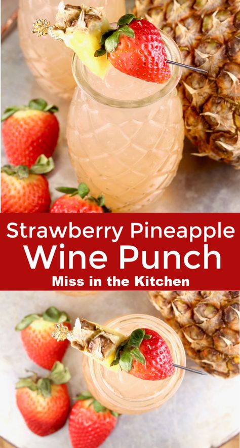 Strawberry Pineapple Wine Punch is a simple and delicious party cocktail that is easy to make ahead. A refreshing large batch party punch that is sure to please the crowd! Pineapple Wine, Party Punches, Easy Party Drinks, Wine Walk, Wine Punch, Fun Party Drinks, Alcoholic Punch Recipes, Drink Recipies, Blue Punch