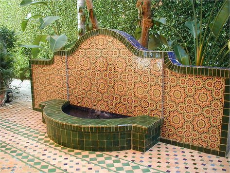 Outdoor Living Archives - Mission Tile West Spanish Fountain, Mission Tile West, Moroccan Garden, Mission Tile, Moroccan Room, Moroccan Inspiration, Artisan Tiles, Outdoor Fountain, Wall Fountain