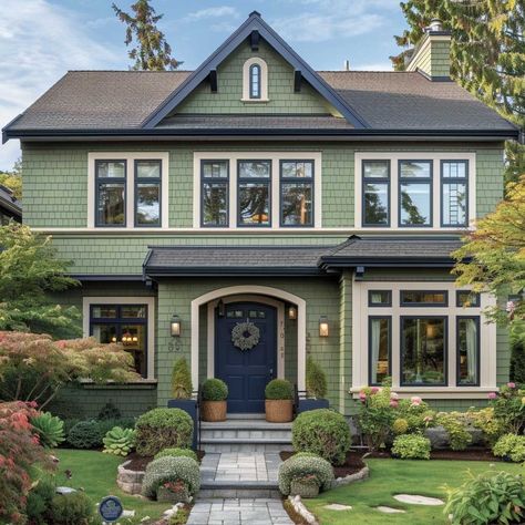 Green Painted Exterior House, Light Green Exterior House Colors, Best House Paint Colors, Sage Green House Exterior, Craftsman House Colors, Garage Adu, Green House Color, Home Exterior Colors Schemes, Craftsman House Exterior