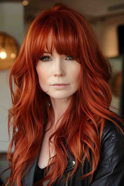 Bangs With Copper Hair, Red Hair For 40 Year Old Women, Red Hair On Older Women Over 50, Red Long Layered Hair, Long Red Layered Hair, Red Hair With Bangs And Layers, Red Hair Extensions Before And After, Ginger Layered Hair, Dyed Bangs Red