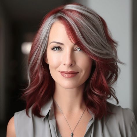 72 Gorgeous Red Hair Color Ideas Trending in 2023 Red And Silver Hair Color Ideas, Red Haircut Ideas, Grey Hair With Red Highlights, Red Hair To Grey, Grey And Red Hair, Layered Lob With Curtain Bangs, Red Hair With Silver Highlights, Beautiful Red Hair Color, Hair Color Ideas Trendy