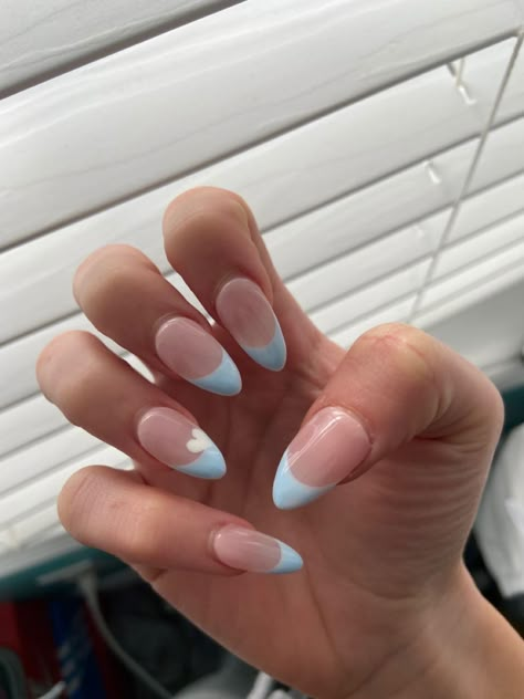 Blue French Tip With Heart, Blue Formal Nails, Blue Almond French Tip, Blue French Tip Nails Almond, French Tip With Heart, French Nails Almond, French Tip Almond, Blue French Tip, Almond Nails French