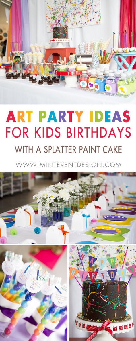 Adorable and Colorful Art Party Ideas for Kids Birthdays from the party desserts to the tablesetting - it’s a rainbow themed party for a little artist. See the complete how to on planning your art party at a local art studio on Mint Event Design www.minteventdesign.com #artstudio #kidsparty #kidspartyideas #birthdaypartyideas #artparty #rainbowparty Art Party Ideas For Kids, Girl Art Birthday Party, Art Party Foods, Art Party Activities, Art Party Ideas, Rosie Birthday, Girls Art Party, Rainbow Themed Party, Kids Art Party