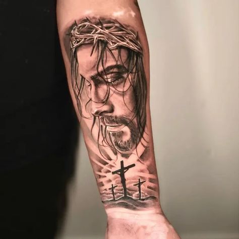 Black & Grey Jesus Christ Realistic Portrait Three Crosses Religious Tattoo Idea & Design on Men Forearm Half Sleeve Jesus Christ Three Crosses Tattoo Three Crosses Tattoo Forearm, Three Crosses Tattoo For Men, 3 Crosses Tattoo Men, Three Crosses Tattoo Design, Jesus Forearm Tattoo, Three Crosses Tattoo, Crosses Tattoo, Religious Tattoo Sleeves, Religous Tattoo