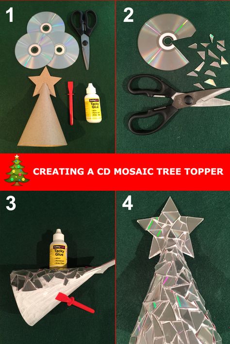 Make your Christmas tree sparkle by creating a CD mosaic Christmas tree topper. Step by step guide for upcycling old CDs into Christmas decorations. #christmas #decorations #tree #topper Recyclable Christmas Decorations, Christmas Decorations From Recyclables, Recycled Crafts Christmas Decorations, Recycled Xmas Decorations, Recycled Christmas Tree Decorations, Recycling Christmas Decorations, Upcycling Christmas Decorations, Cd Christmas Crafts, Christmas Recycled Decorations