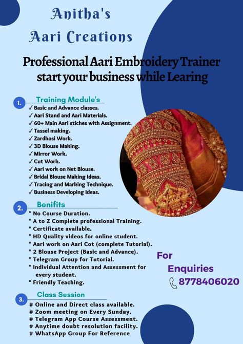 It's a professional aari course A to Z complete professional training about aari....you can start your own business or can make your own blouse Aari work while learning.... Aari Work Templates, Aari Work Visiting Card Designs, Aari Work Class Poster, Aari Class Poster, Aari Class Syllabus, Aari Work Stitches Names, Pamplet Design, Aari Materials, Aari Work Designs Pattern Hand Embroidery