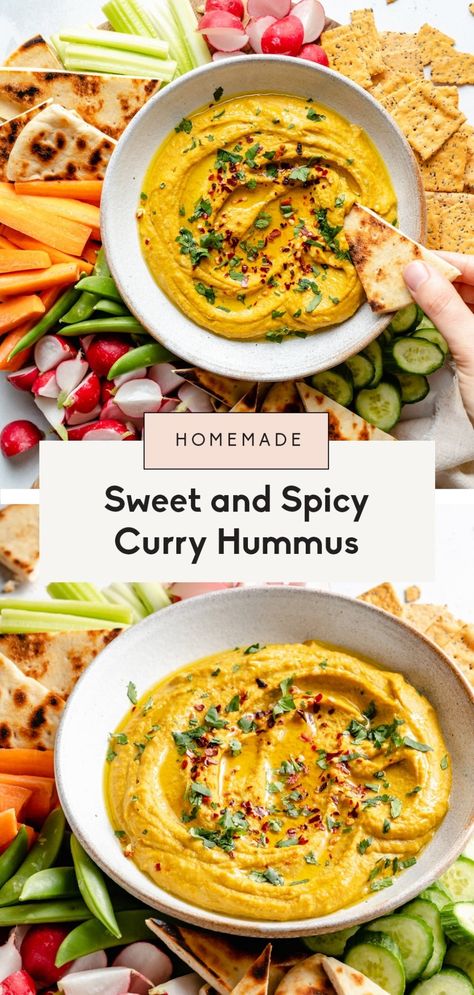 Sweet and spicy curry hummus filled with wonderful, warm spices for a flavorful dip or spread you'll absolutely love! This delicious curry hummus recipe is easy to make and might just be your new go-to hummus flavor. #hummus #vegan #vegansnack #healthysnack #curry Flavored Hummus Recipe Homemade, Spicy Hummus Recipe Homemade, The Best Hummus Recipe, Flavored Hummus Recipe, Hummus Meals Dinners, Vegan Spreads And Dips, Curry Appetizer, Curry Hummus Recipe, Hummus Ideas