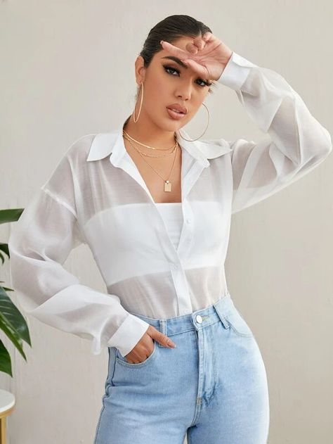 Button Up Drop Shoulder Sheer Blouse | SHEIN USA Sheer Shirt Outfits, Butterfly Sleeve Top, Ruffle Hem Blouse, Shein Dress, Sheer Shirt, Plain Tops, Sheer Blouse, Drop Shoulder, Women Long Sleeve