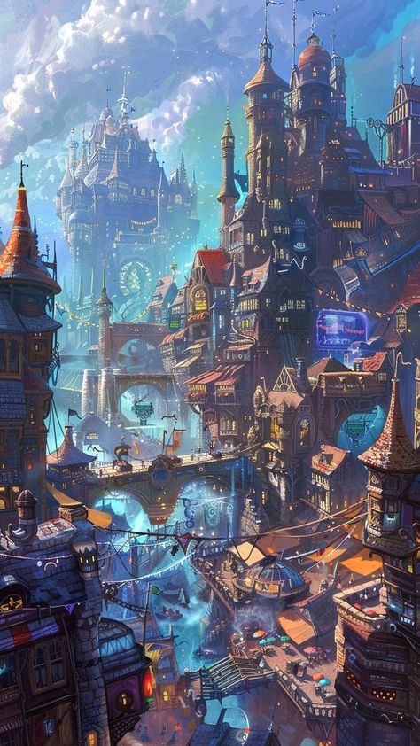 Fantasy Bridge City, Magepunk City, Fantasy Mountain City Concept Art, Fantasy Technology City, Machine World Concept Art, Steampunk Futuristic City, Fantasy Industrial City, High Fantasy City Concept Art, Castle City Fantasy Art