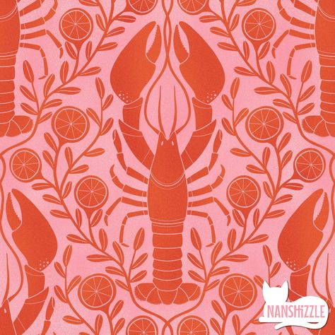 Crab Graphic Design, Coral Illustration Design, Apartment Murals, Lobster Illustration, Seafood Boils, 2025 Diary, Fabric Illustration, Hall Wallpaper, Lobster Print