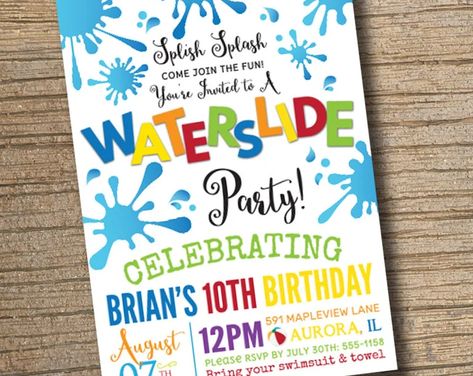 Water Party Invitations, Pool Waterslide, Waterslide Party, Water Birthday Parties, Pool Birthday Invitations, Water Birthday, Party Backyard, Pool Birthday, Pool Party Invitations