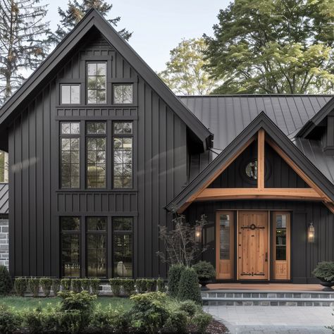 Grey Exterior House With Black Trim, Black Siding Brown Roof, Charcoal House With Wood Accents, Dark Color Houses Exterior, Black House Brown Trim, Dark Green And Brown House Exterior, Roof Color For Black House, Exterior Paint That Looks Like Wood, Black House With Wood Trim