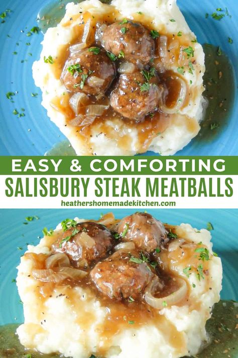 This Salisbury Steak Meatballs Recipe is comforting and satisfying. Tender beef meatballs smothered in a savory onion gravy are incredibly delicious! A mouthwatering and cozy dish that the entire family is going to rave over! Stovetop Meatballs, Salisbury Steak Crockpot, Easy Salisbury Steak, Salisbury Steak Meatballs, Meatball Recipes Crockpot, Meatballs And Gravy, Meatball Dinner, Minced Meat Recipe, Meatball Recipes Easy