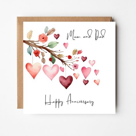 Happy Anniversary Mum and Dad Card, Anniversary Card for Parents, Watercolour Branch with Hearts. by TigersOnTheLoose on Etsy Anniversary Card Parents, Happy Anniversary Diy Cards, Parent Anniversary Card, Handmade Anniversary Card Ideas, Happy Anniversary Watercolor Cards, Painting Ideas For Anniversary, Birthday Card Ideas Watercolour, Watercolor Anniversary Cards Diy, Anniversary Painting Ideas For Him