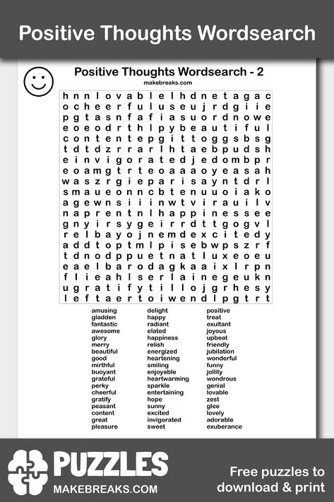 This free positive thoughts wordsearch puzzle is filled with positive and happy themed words. This is a tricky and engaging wordsearch which will keep you busy! Ponder on the positive words and their meanings to help with mindset during difficult times.  #freepuzzle #printablepuzzle #positvity Coping Skills Crossword Puzzles, Free Printable Word Search Puzzles For Adults, Cross Word Puzzles, Difficult Word Search, Resilience Activities, Fall Word Search, Fun Sheets, Learning Websites For Kids, Free Word Search Puzzles