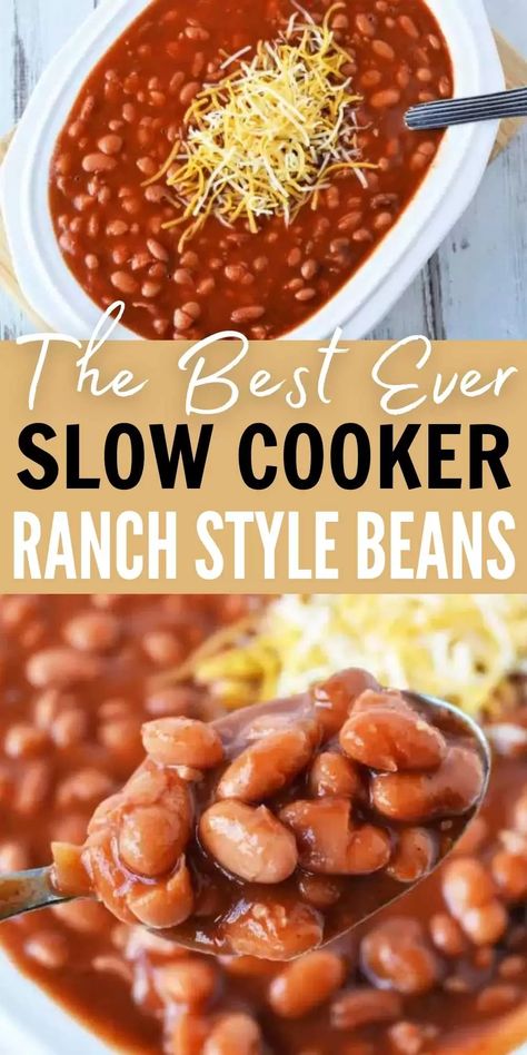 Everyone will love these simple Slow Cooker Ranch Style Beans. The slow cooker does all the work for this delicious and easy side dish recipe. Try Crock pot ranch style beans recipe today! #eatingonadime #sidedishrecipes #beanrecipes #crockpotrecipes #BBQrecipes Instant Pot Ranch Beans, Canned Ranch Style Beans Recipe Ideas, Crockpot Kidney Bean Recipes, How To Make Ranch Style Beans, Ranch Beans Recipe Simple, Diy Ranch Style Beans, Canned Ranch Style Beans Recipes, Ranch Beans Crockpot, Ranch Style Beans Recipe Ground Beef