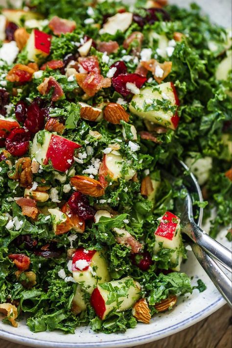 Apple Cranberry Bacon Kale Salad - Not only this kale salad recipe is packed full of hearty nutrients, but it tastes amazing too! - #recipe by #eatwell101 Salad Apple, Bacon Kale, Salad Kale, Kale Salad Recipes, Kale Recipes, Best Salad Recipes, Chicken Tortilla Soup, Apple Cranberry, Kale Salad