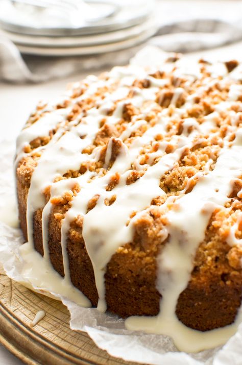 Carrot Coffee Cake with Cream Cheese Glaze ~ it's not just an excuse to eat carrot cake for breakfast (ok maybe it is) but it's also a fresh take on a classic! #easy #recipe #coffeecake #breakfast #breakfastcake #carrot #cake #streusel #glazed #moist #best #fromscratch Carrot Coffee Cake, Coffee Cake With Cream Cheese, Breakfast Cake Recipes, Breakfast Baking, Gluten Free Baking Mix, Rolls Homemade, The View From Great Island, Easy Easter Desserts, Patisserie Sans Gluten