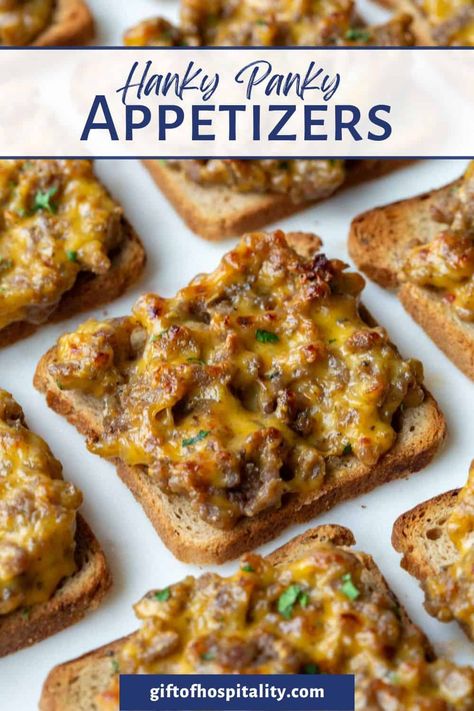 Hanky Panky Appetizers, also known as Polish Mistakes, Sausage Snacks, and SOS, are a creamy, cheesy hot appetizer served on toasted rye. These are always a crowd favorite! Polish Mistakes, Sausage Appetizers, Hot Appetizers, Classic Appetizers, Meat Appetizers, Appetizers Easy Finger Food, Finger Foods Easy, Best Appetizer Recipes, Bread Appetizers