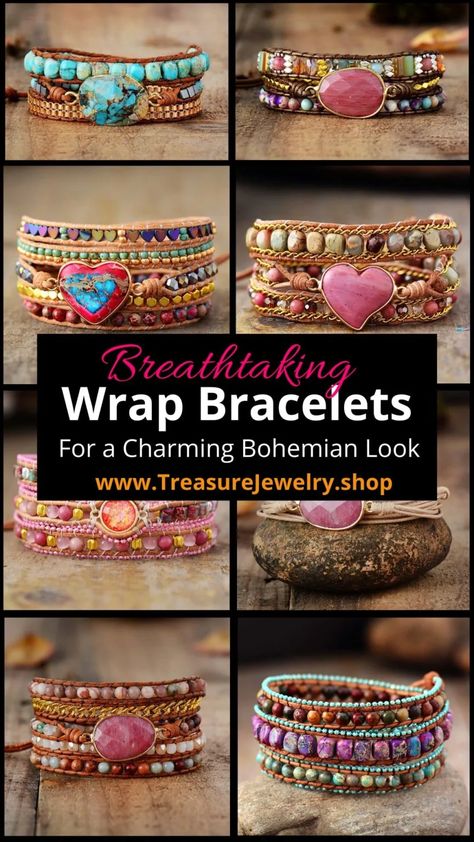 Breathtaking Wrap Bracelets For a Charming Bohemian Look - Treasure Jewelry Bohemian Jewelry Diy, Bohemian Crafts, Boho Jewelry Diy, Leather Wrap Bracelets, Diy Leather Bracelet, Bead Studio, Bracelets Collection, Treasure Jewelry, Boho Wrap Bracelet