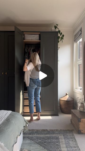 Sophia Hardy on Instagram: "🌟 Customising our IKEA PAX Wardrobe 🌟  This DIY took me weeks. Each door was primed 2x and painted 3/4x & there are 4 doors so that equals 🤔……a lot of painting.   As you can see we built & fitted the wardrobe before we added skirting & carpet. This was so the wardrobe would fit flush to the wall and steady on the floor. We added a simple coving from @wickes and we used a similar trim to our architrave from @skirting4u to give the frame some shape (other than square).  I used @zinsseruk to prime the doors & wardrobe frame. I tried using a foam roller and it left small bubbles so I switched to microfibre and this worked so much better for a smooth finish. I also tried a paint brush and it left strokes which then had to be sanded back.   The paint I used is from Ikea Pax Fitted, Pax Wardrobe Tv Ideas, Ikea Pax Painted Doors, Grey Pax Wardrobe, Ikea Pax Around Window, Ikea Pax Grimo Wardrobe, Paint Built In Wardrobe, Bergsbo Ikea Pax Wardrobe, Bedroom With Pax Wardrobe