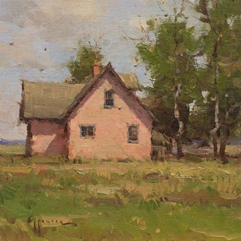 Plein Air The Pink House, Canvas Painting For Beginners, Farm Paintings, Acrylic Painting Ideas, Pastel Landscape, Cat Air, Canvas For Beginners, Painting For Beginners, Cottage Art