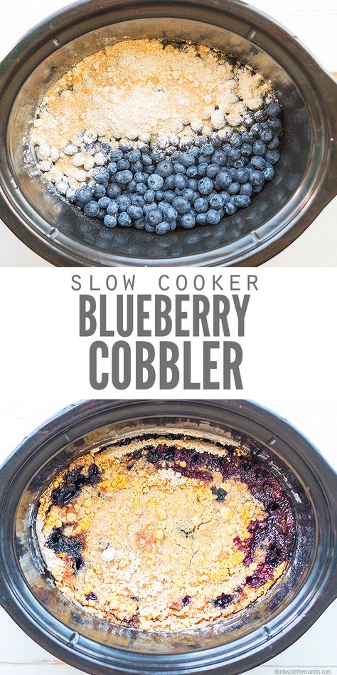 This warm and delicious blueberry cobbler recipe is SUPER easy and SO good! You need just 3 ingredients (cake mix, berries, and butter) and a slow cooker and you'll have a healthy blueberry dessert ready in no time! Only 10 minutes to prep! #cobbler #blueberry #recipe #slowcooker #crockpotdessert #dumpdessert Crock Pot Dump Desserts, Blueberry Cobbler Crockpot, Blueberry Crockpot Recipes, Crockpot Blueberry Dump Cake, Crockpot Fruit Recipes, Mini Crockpot Dessert Recipes, Easy Crockpot Desserts 4 Ingredients, Crockpot Deserts Recipes, Crock Pot Blueberry Cobbler