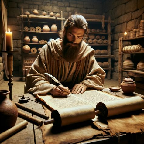 A scene set in ancient times depicting an individual writing the Bible. The setting is a rustic, dimly lit room with stone walls and wooden furniture. The individual is a middle-aged man with a long beard, wearing traditional ancient robes, sitting at a wooden desk. He is focused intently on a large scroll spread out before him, using a quill pen to write. There are candles providing light,... Writing With Quill, Bible Scenes, Bible Writing, Prophets Of The Bible, Christian Background Images, Bible Cartoon, Ancient Scroll, Bible Stand, Open Bible