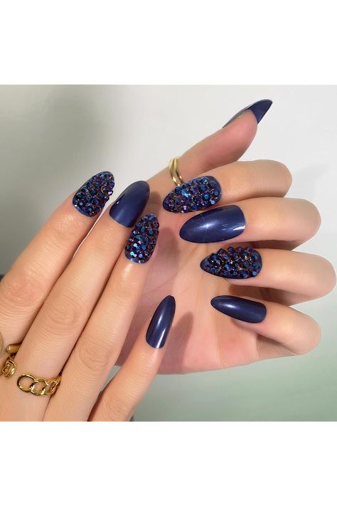 Fantasticlady,Press on nails,Rhinestone,Modren Dark blue almond nail,For Banquet,Birthday party,Christmas Reusable perss on nail Birthday Party Summer, Almond Nail, Nail Beauty, Party Summer, Rhinestone Nails, Summer Parties, Nails Inspiration, Press On Nails, Christmas Party