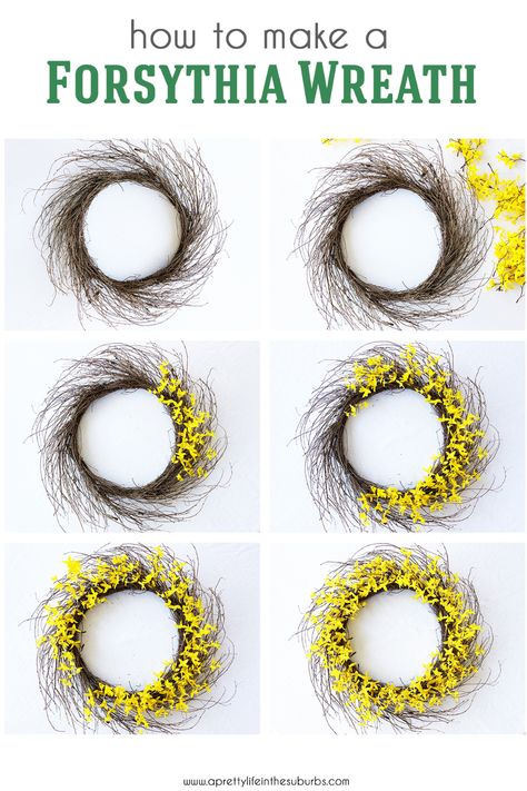 A simple tutorial to make a faux Forsythia Wreath for your front door!  This pretty yellow floral wreath is a cheery welcome for guests. Yellow Spring Wreath For Front Door, Forsythia Wreaths For Front Door, Front Door Decor Diy, Door Decor Diy, Large Wreaths, Forsythia Wreath, Welcome Signs Front Door, Orange Wreath, Porch Flowers