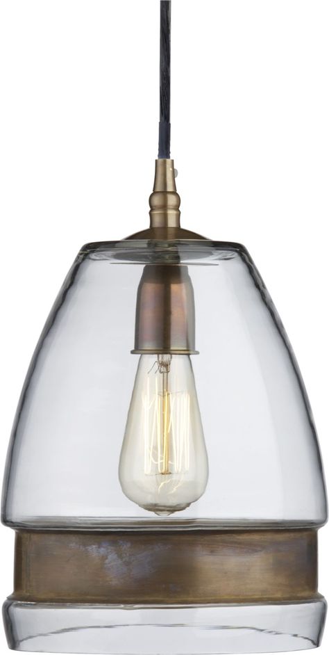 $199 Morela Glass Pendant Lamp Morela Glass Pendant Lamp. 8.5" dia. x 11"H Clear glass shade with brass band Brass 6"dia. ceiling plate Historic Edison decorative bulb recommended (accommodates up to 12W CFL or 40W incandescent bulb) 10' black cord Kitchen Pendant Lights Over Island, Pendant Lights Over Island, Mercury Glass Pendant Light, Kitchen Pendant Lights, Lights Over Island, Kitchen Pendant, Contemporary Pendant Lights, Copper Lighting, Contemporary Lamps